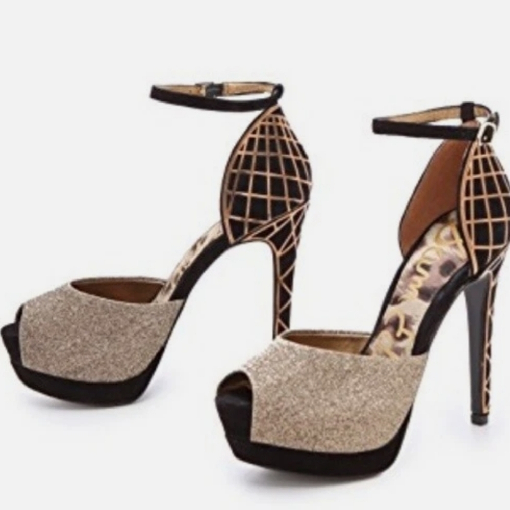 Sam Edelman Paulette Heel Gold Black Peep Toe Pumps size 6